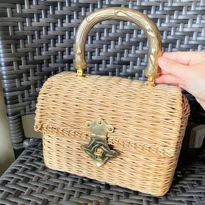 Vintage 1950s Wicker Straw Box Purse Exclusively Crown Lewis British Hong Kong